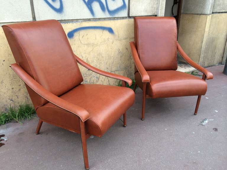 Mid-Century Modern Jacques Adnet Pair of Genuine Brown Hand-Stitched Leather Lounge Chairs