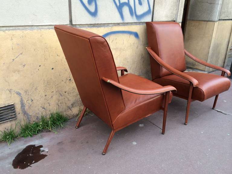 French Jacques Adnet Pair of Genuine Brown Hand-Stitched Leather Lounge Chairs