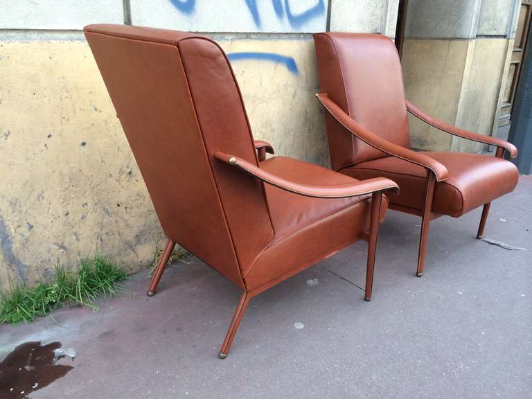 Jacques Adnet Pair of Genuine Brown Hand-Stitched Leather Lounge Chairs In Good Condition In Paris, ile de france