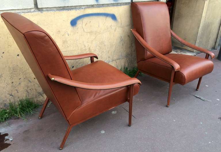 Mid-20th Century Jacques Adnet Pair of Genuine Brown Hand-Stitched Leather Lounge Chairs