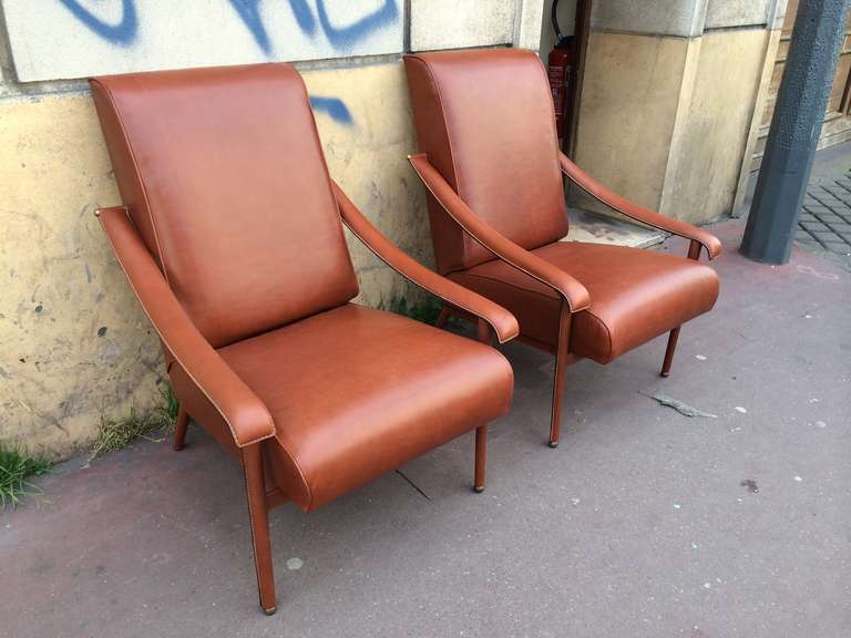 Jacques Adnet Pair of Genuine Brown Hand-Stitched Leather Lounge Chairs 1