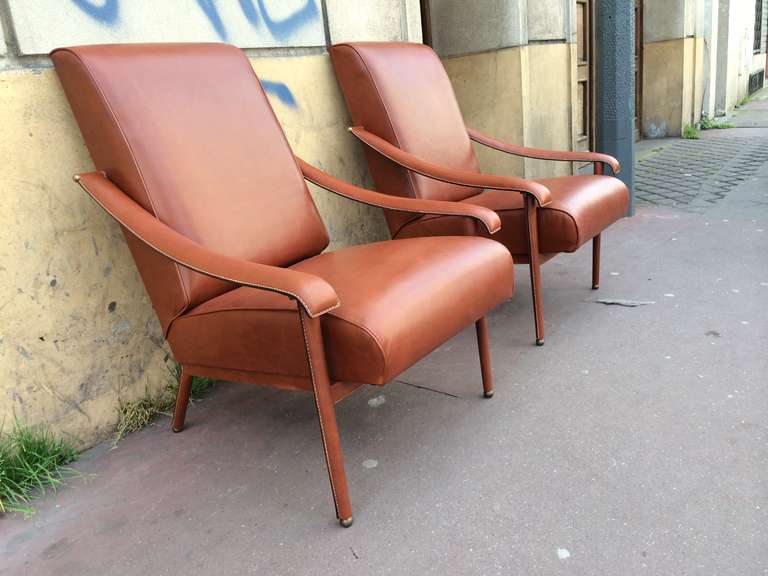 Jacques Adnet Pair of Genuine Brown Hand-Stitched Leather Lounge Chairs 2