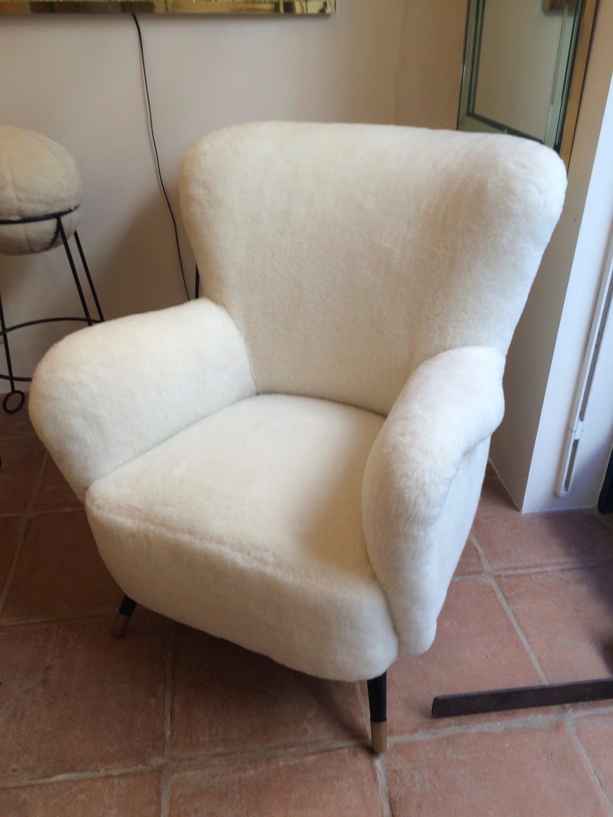 Style of Gio Ponti Set of One Couch and Two Chairs  in Wool Faux Fur In Excellent Condition For Sale In Paris, ile de france