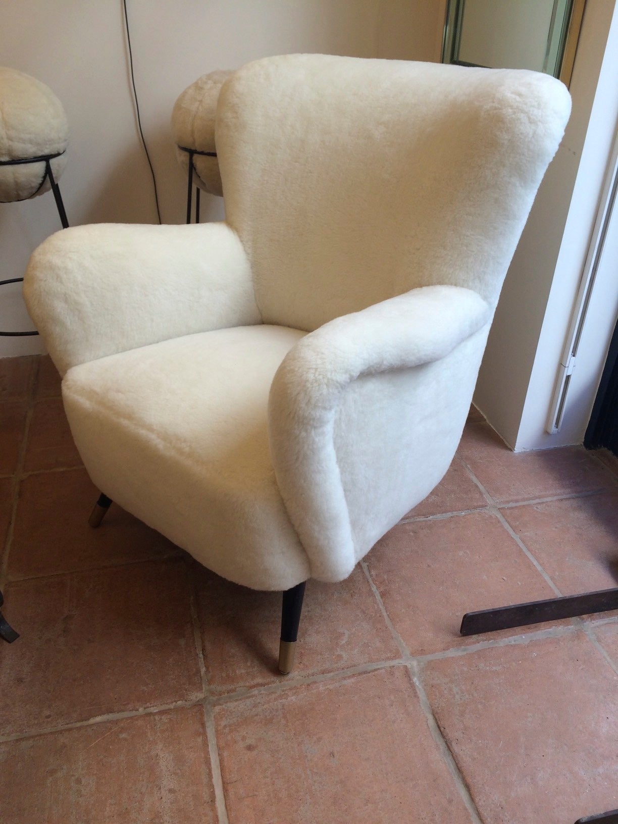 Mid-20th Century Style of Gio Ponti Set of One Couch and Two Chairs  in Wool Faux Fur For Sale