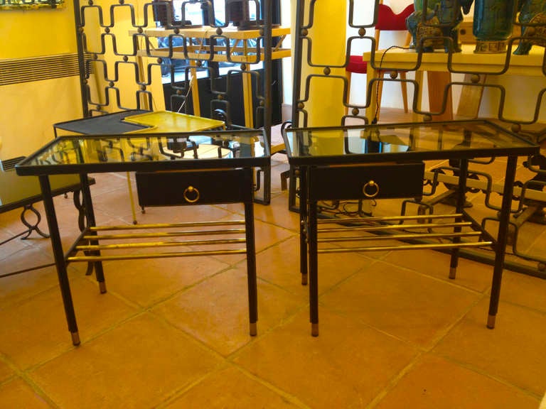 Mid-Century Modern Jacques Adnet Pair of Night Stands in Hand-Stitched Black Leather For Sale