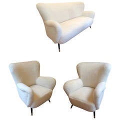 Style of Gio Ponti Set of One Couch and Two Chairs  in Wool Faux Fur