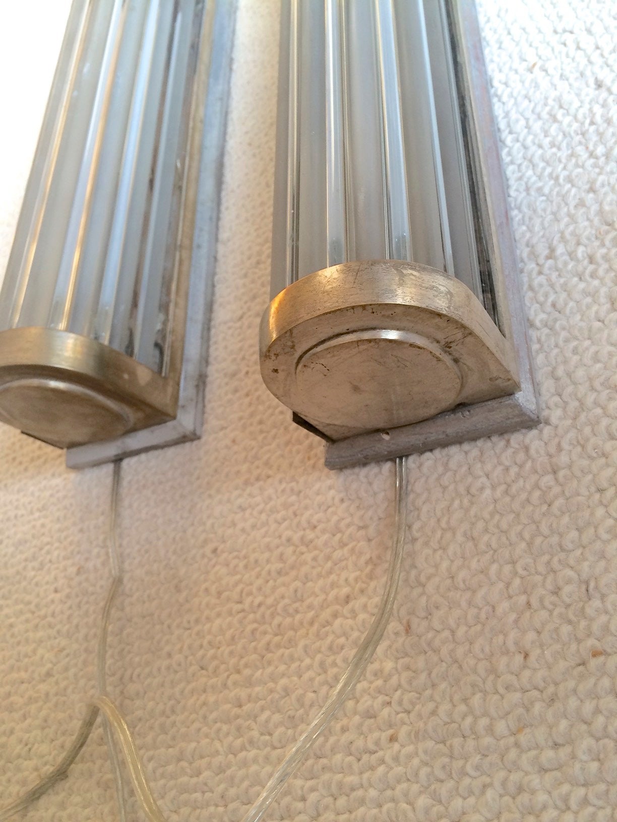 Maison Bagues very rare pair of neoclassic silver leaf patina sconces with normal and sandblasted alternate glass rods.