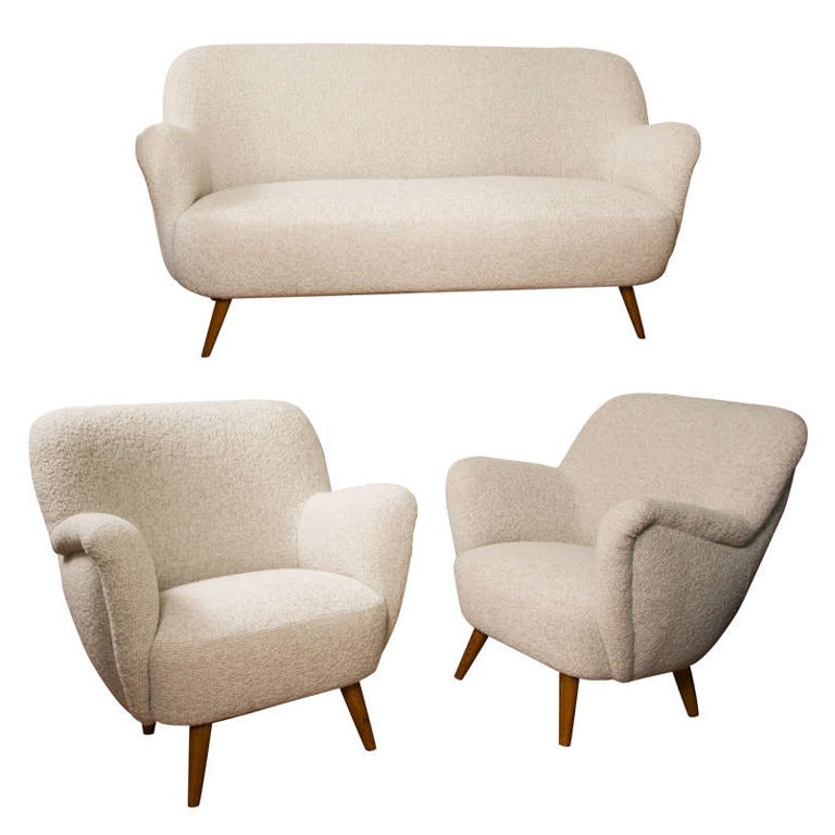 Style of Gio Ponti Set of One Couch and Two Chairs, Newly Covered For Sale