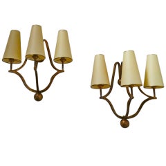 Jean Royère Pair of Gold Leaf Metal Sconces, Model "Jacques"