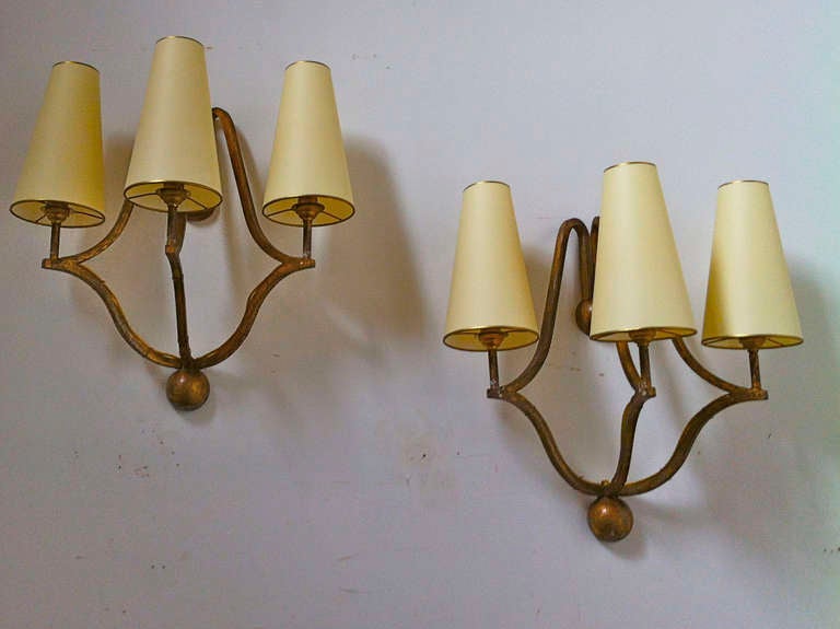 Jean Royère Pair of Gold Leaf Metal Sconces, Model "Jacques"