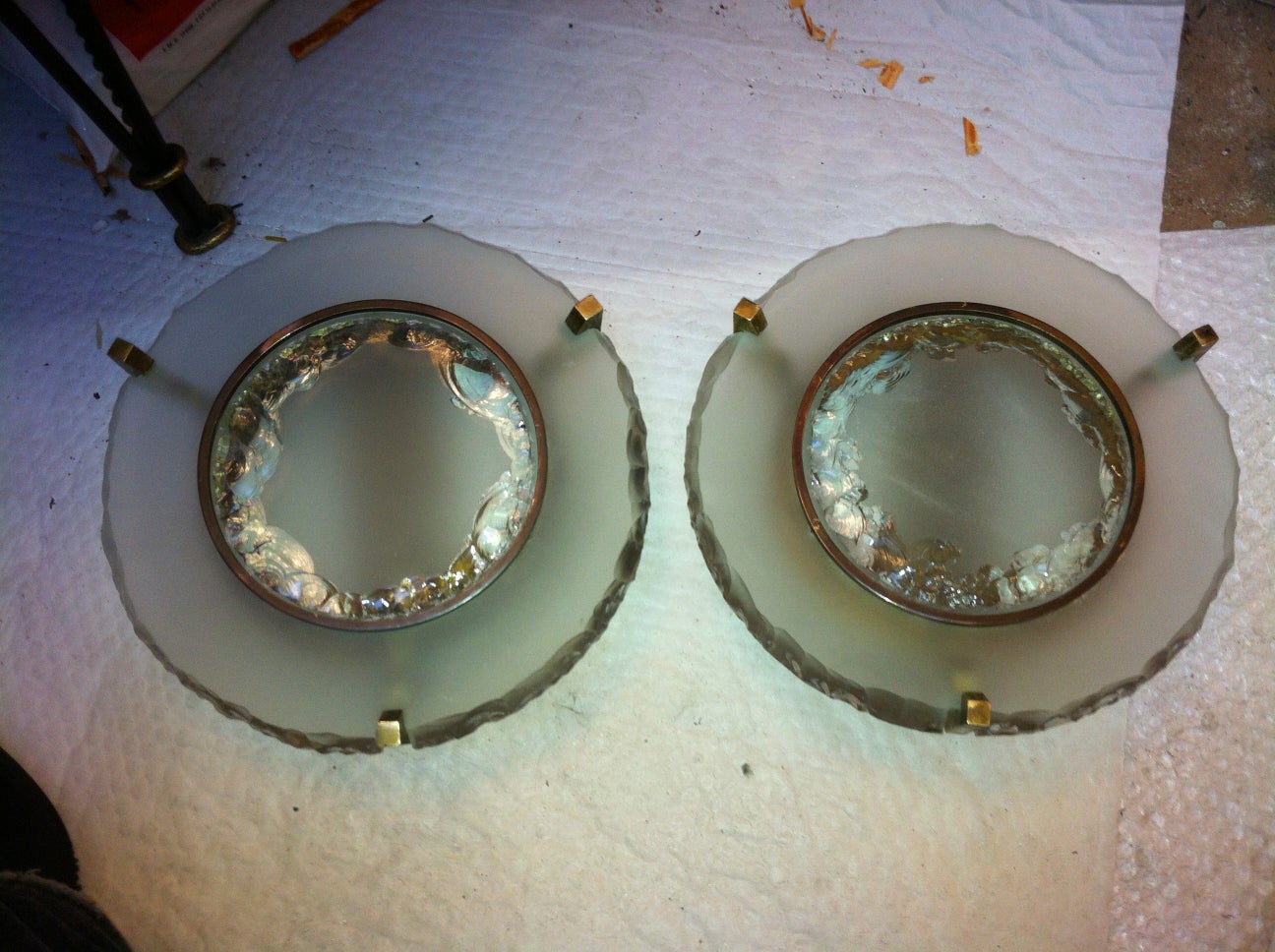 Max Ingrand for Saint Gobain Set of Two Pairs of Etched Glass Round Sconces For Sale