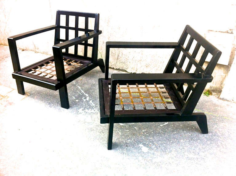 Rene Gabriel Rare Pair Of Lounge Chairs In Black Lacquered Wood In Good Condition In New York, NY
