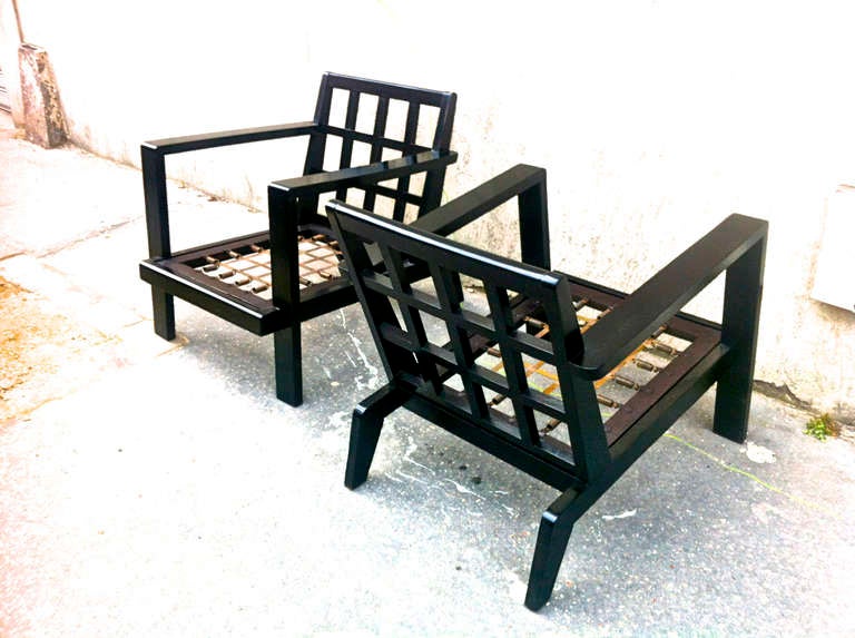 Mid-20th Century Rene Gabriel Rare Pair Of Lounge Chairs In Black Lacquered Wood