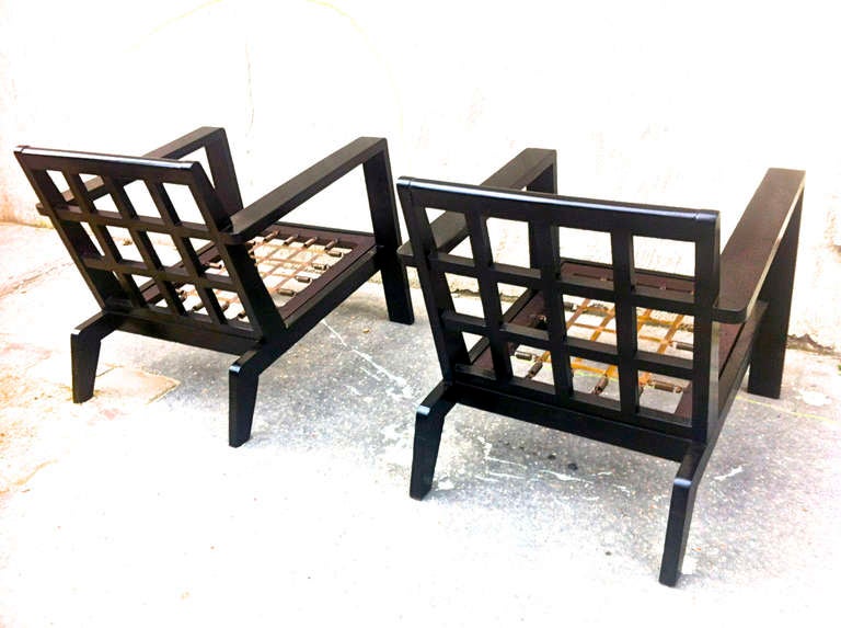 Rene Gabriel Rare Pair Of Lounge Chairs In Black Lacquered Wood 2