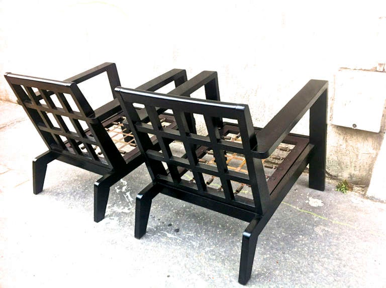 Rene Gabriel Rare Pair Of Lounge Chairs In Black Lacquered Wood 3