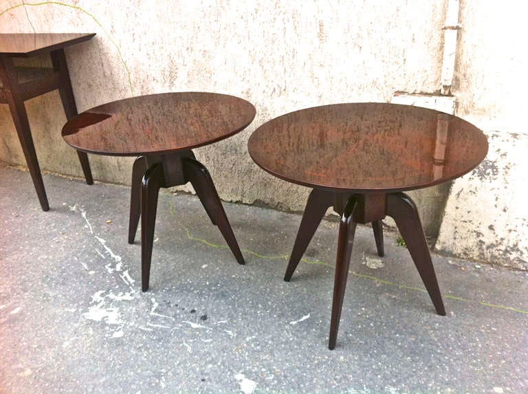 RENE PROU pair of round 4 legged coffee tables with marquetry top in rosewood