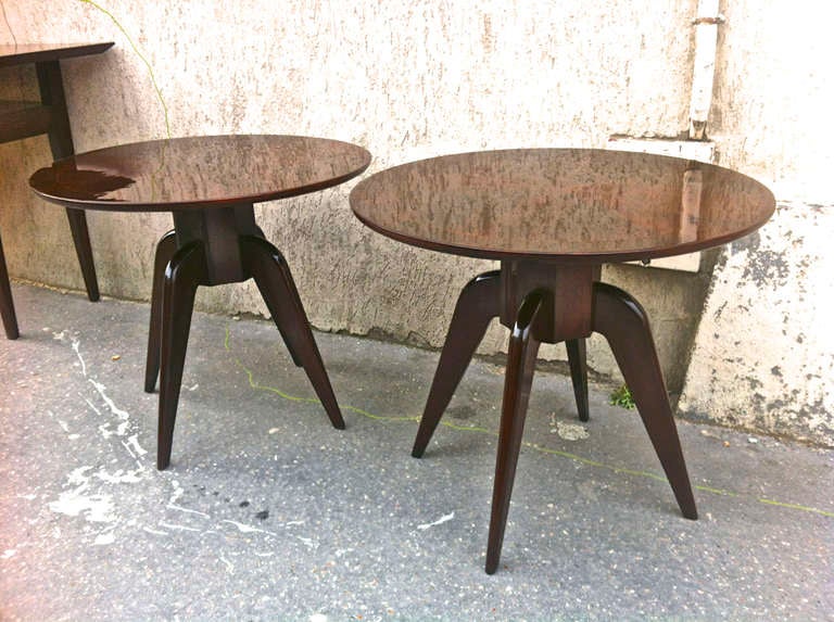 French Rene Prou Pair Of Round 4 Legged Coffee Tables With Marquetry Top