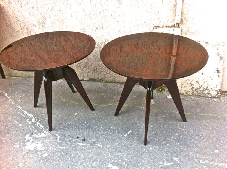 Rene Prou Pair Of Round 4 Legged Coffee Tables With Marquetry Top In Good Condition In New York, NY