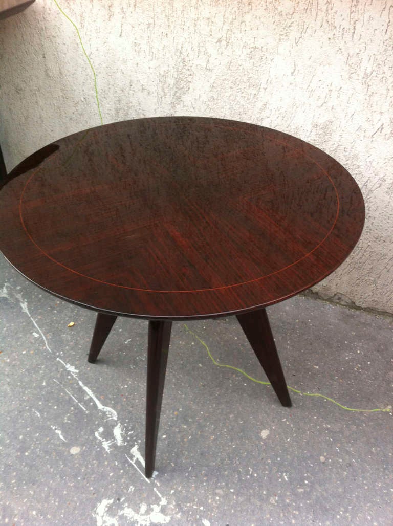 Mid-20th Century Rene Prou Pair Of Round 4 Legged Coffee Tables With Marquetry Top