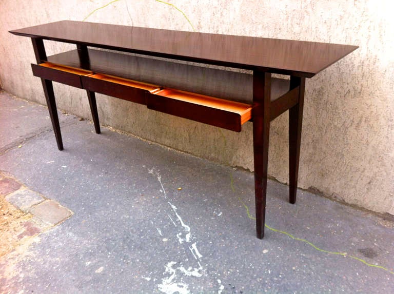 Maxime Old Very Pure Long Rosewood Console with Three Drawers In Good Condition In New York, NY