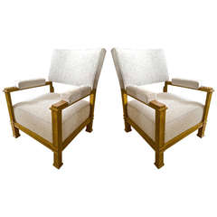 Pair of Andre Arbus Neoclassic Oak Chairs, Newly Covered in Maharam Bouclé Pair of Andre Arbus Neoclassic Oak Chairs, Newly Covered in Maharam Bouclé