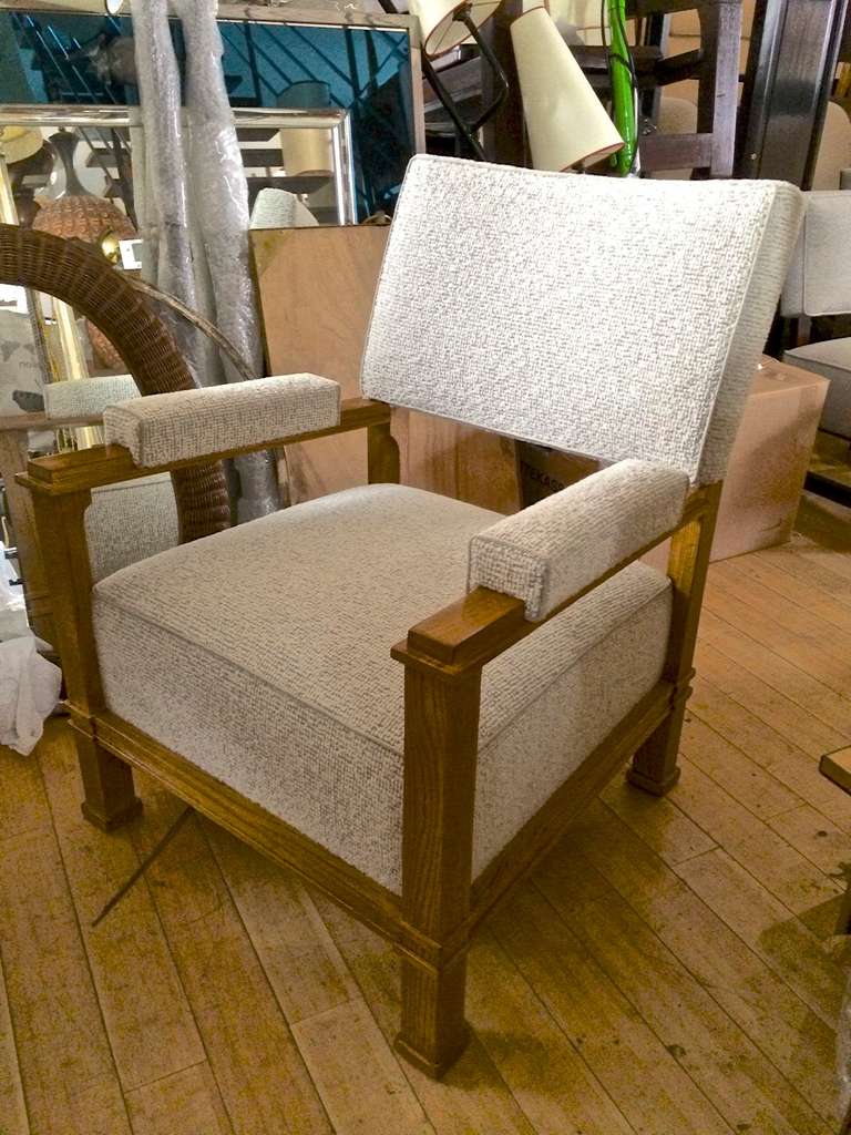 Superb pair of Andre Arbus documented neoclassic oak chairs, newly covered in Maharam bouclé.
