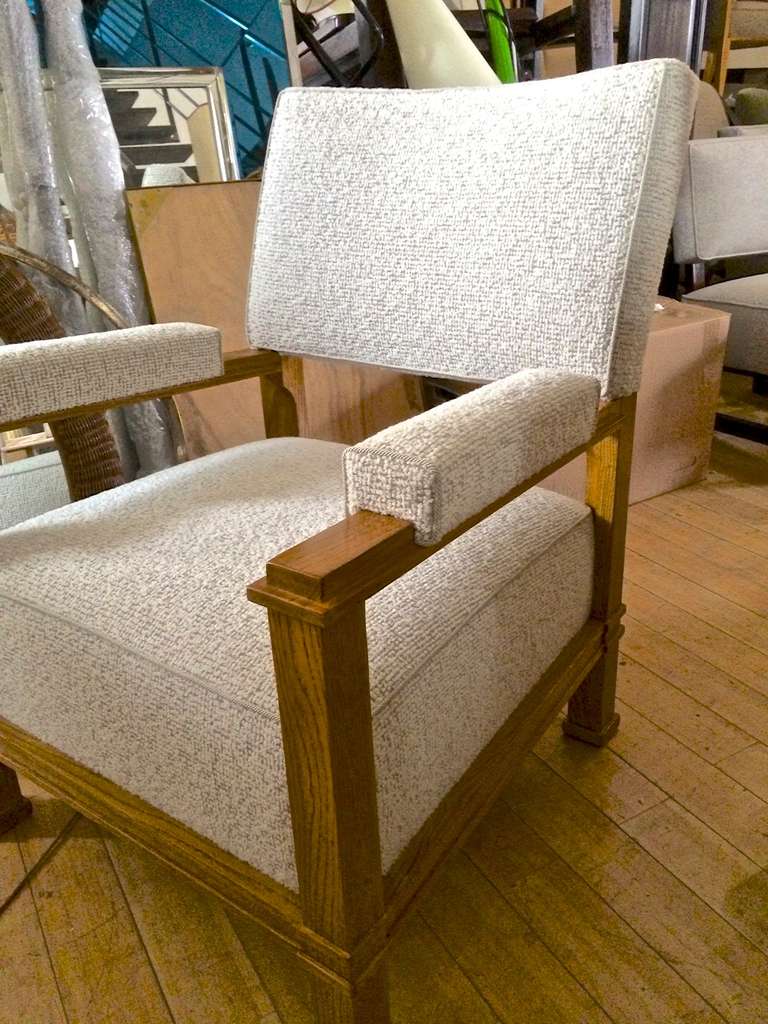 Mid-Century Modern Pair of Andre Arbus Neoclassic Oak Chairs, Newly Covered in Maharam Bouclé