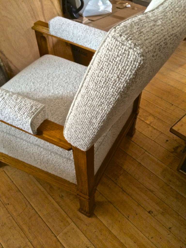 Mid-20th Century Pair of Andre Arbus Neoclassic Oak Chairs, Newly Covered in Maharam Bouclé