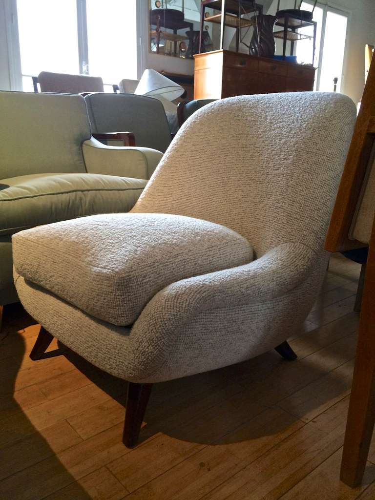 Mid-Century Modern Pair of Lounge Chairs Newly Covered in Maharam Boucle Material