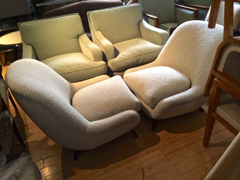 Exceptional Comfort. Pair of lounge chairs newly covered in Maharam boucle material.