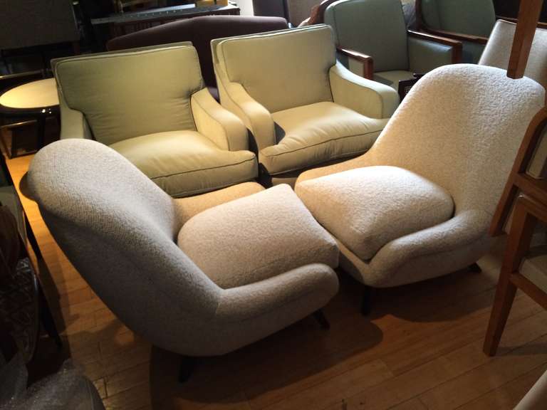 Italian Pair of Lounge Chairs Newly Covered in Maharam Boucle Material