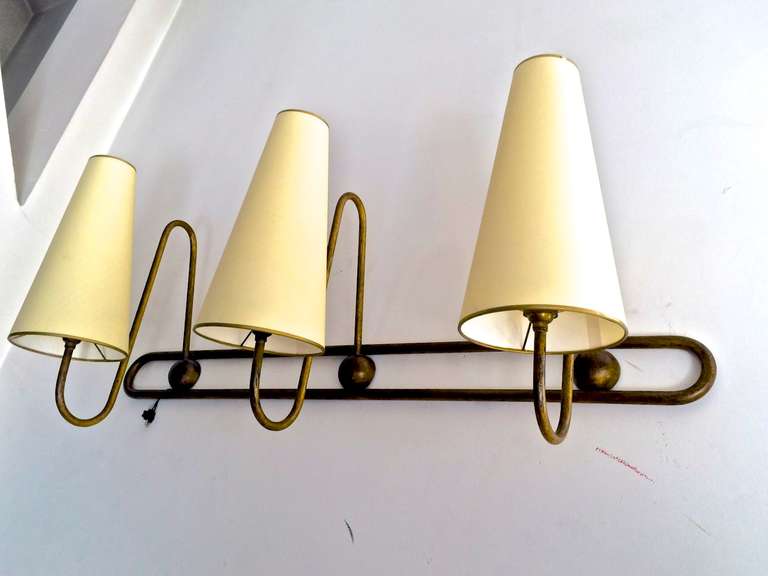 Jean Royere Genuine and Documented Pair of Three Light, Gold Leaf Sconces In Good Condition In Paris, ile de france