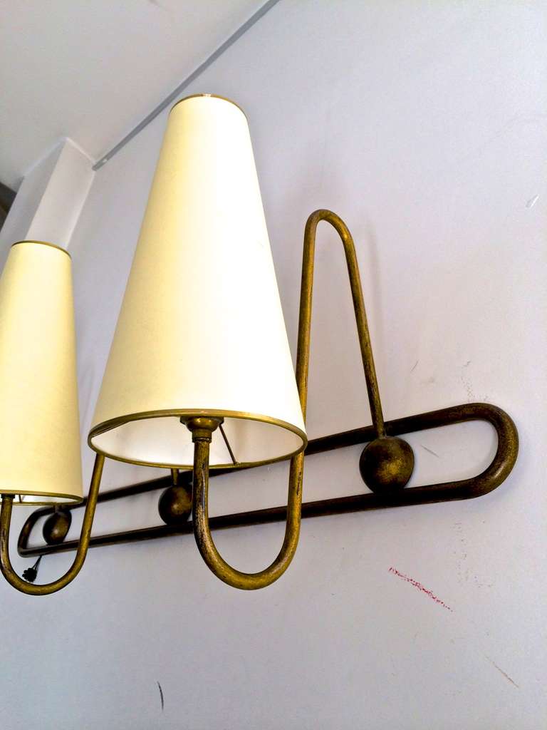 French Jean Royere Genuine and Documented Pair of Three Light, Gold Leaf Sconces