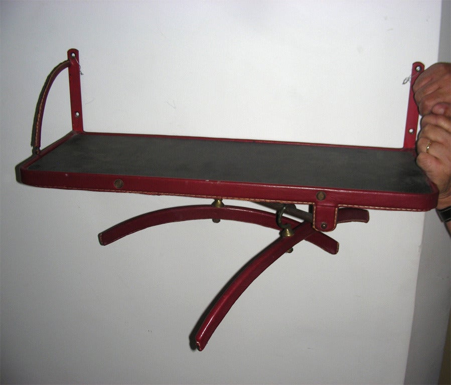 Jacques Adnet Rare Pair of 'Hermes Red' Stitched Leather Shelves and Two Hangers For Sale 1