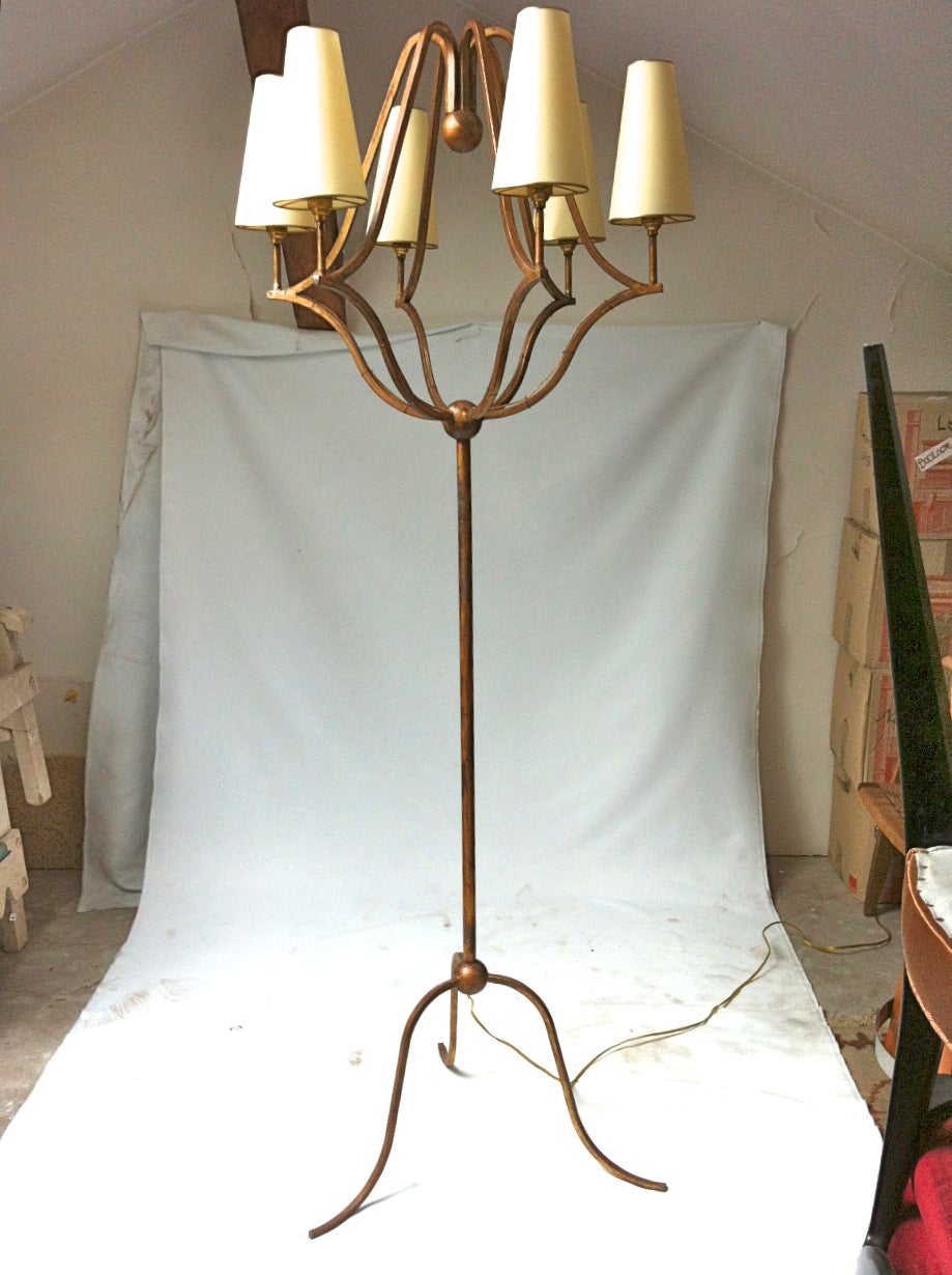 Jean Royere Six-Light Floor Lamp Model "Jacques" in Gold Leaf, Wrought Iron For Sale