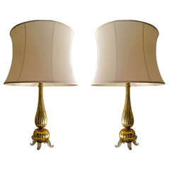 Mercury Gold Yellow Pair of Murano Glass Tables Lamps with Tripod Leg Bases