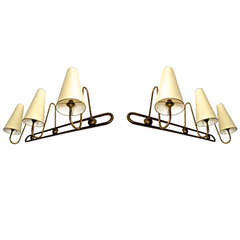 Jean Royere Genuine and Documented Pair of Three Light, Gold Leaf Sconces