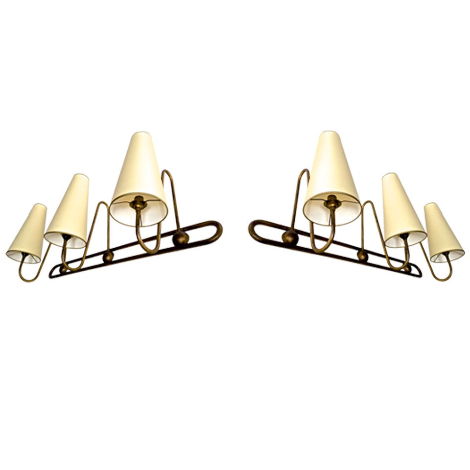 Jean Royere Genuine and Documented Pair of Three Light, Gold Leaf Sconces