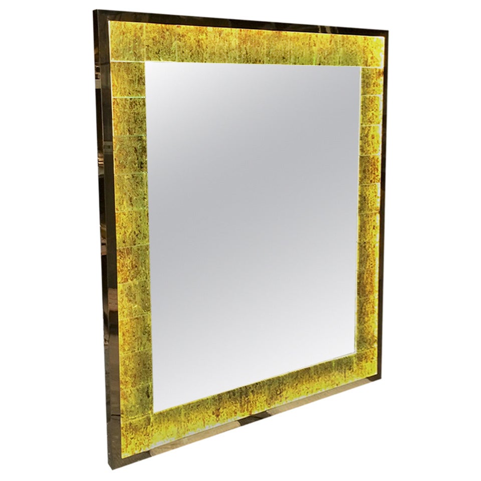 André Hayat Contemporary Lighted Mother-of-Pearl Yellow Glass Mirror For Sale