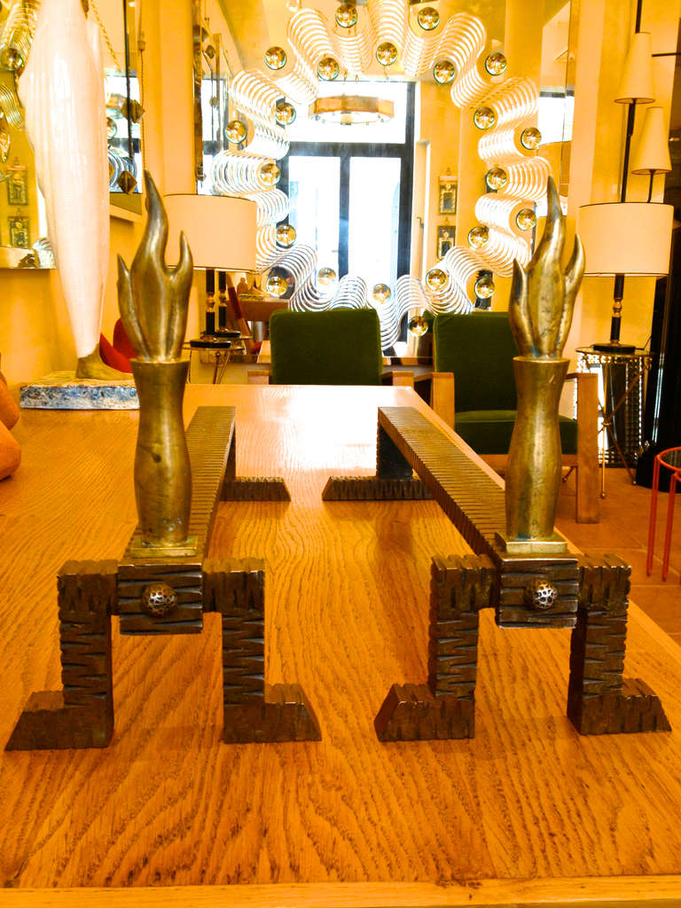 French Raymond Subes 1940s Wrought Iron and Gold Bronze Andirons For Sale