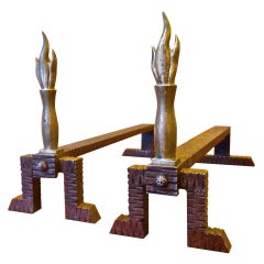 Raymond Subes 1940s Wrought Iron and Gold Bronze Andirons 2