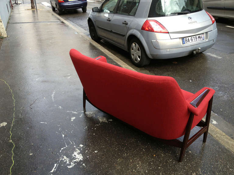 Awesome Theo Ruth 1950s comfortable settee, newly covered in alpaca wool deep red material.
