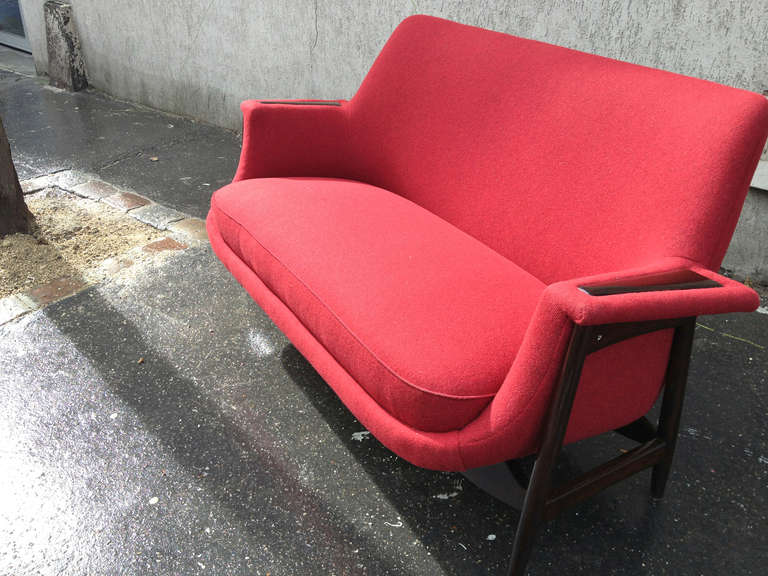 Mid-Century Modern Theo Ruth 1950s Settee, Newly Covered  For Sale