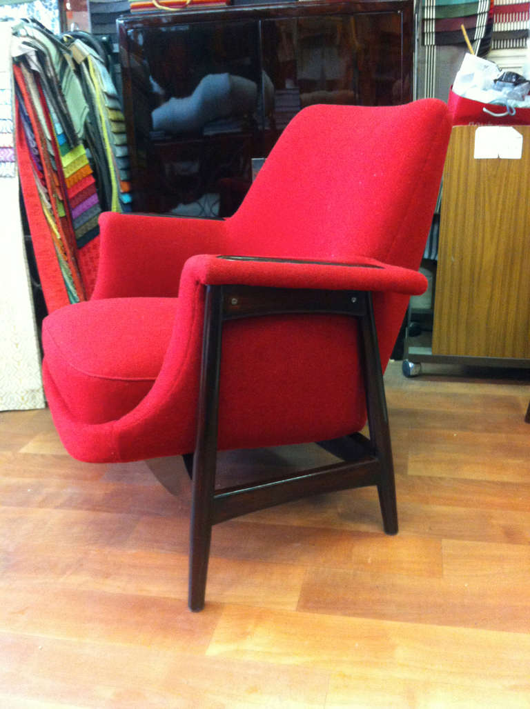 Awesome Theo Ruth 1950s very large and comfortable pair of chairs newly covered in alpaca wool deep red material.