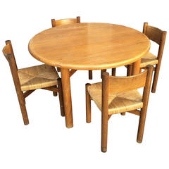 Charlotte Perriand Pine Round Table and Four Meribel Chairs