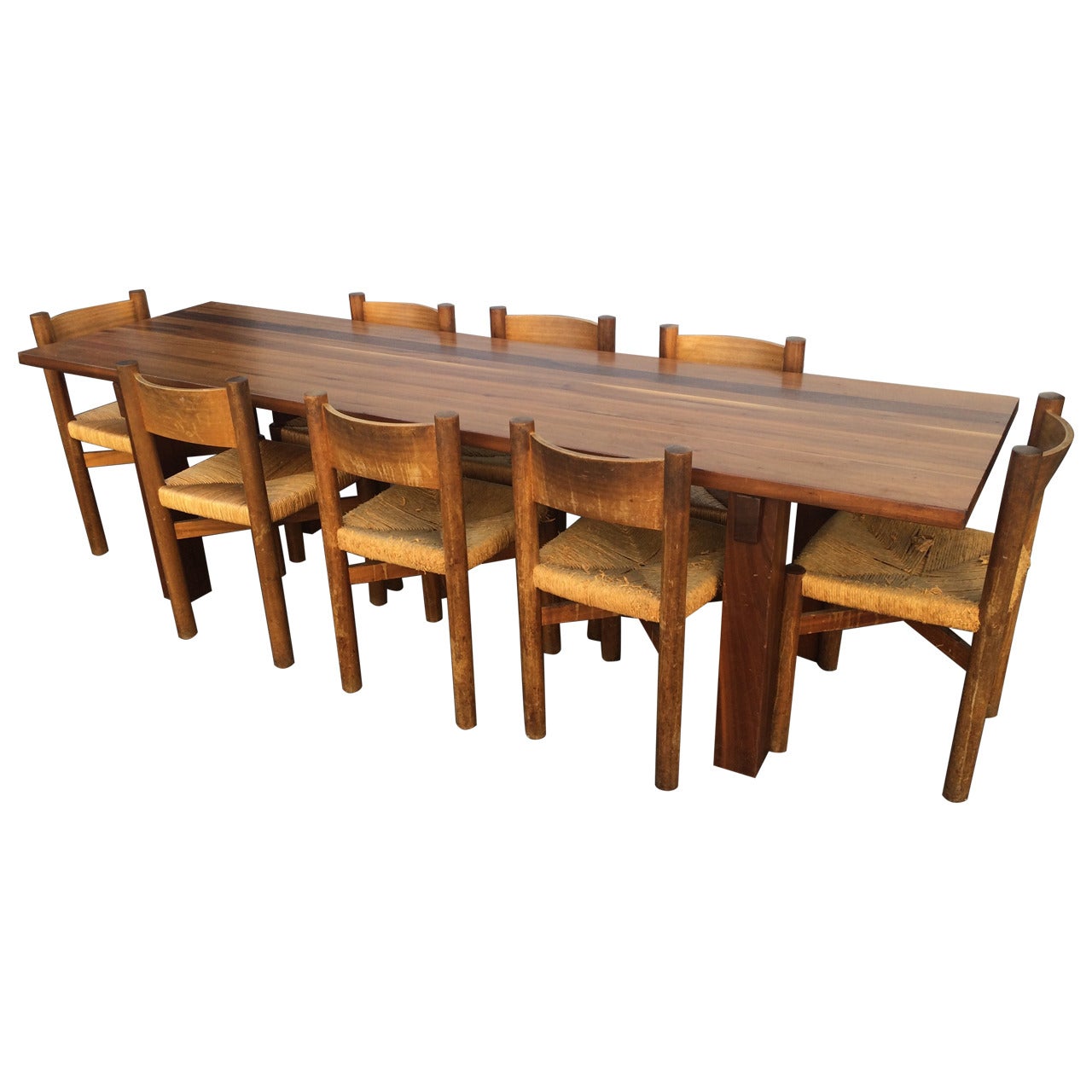 Charlotte Perriand Rosewood Table with Eight Meribel Chairs, Edition Sentou For Sale