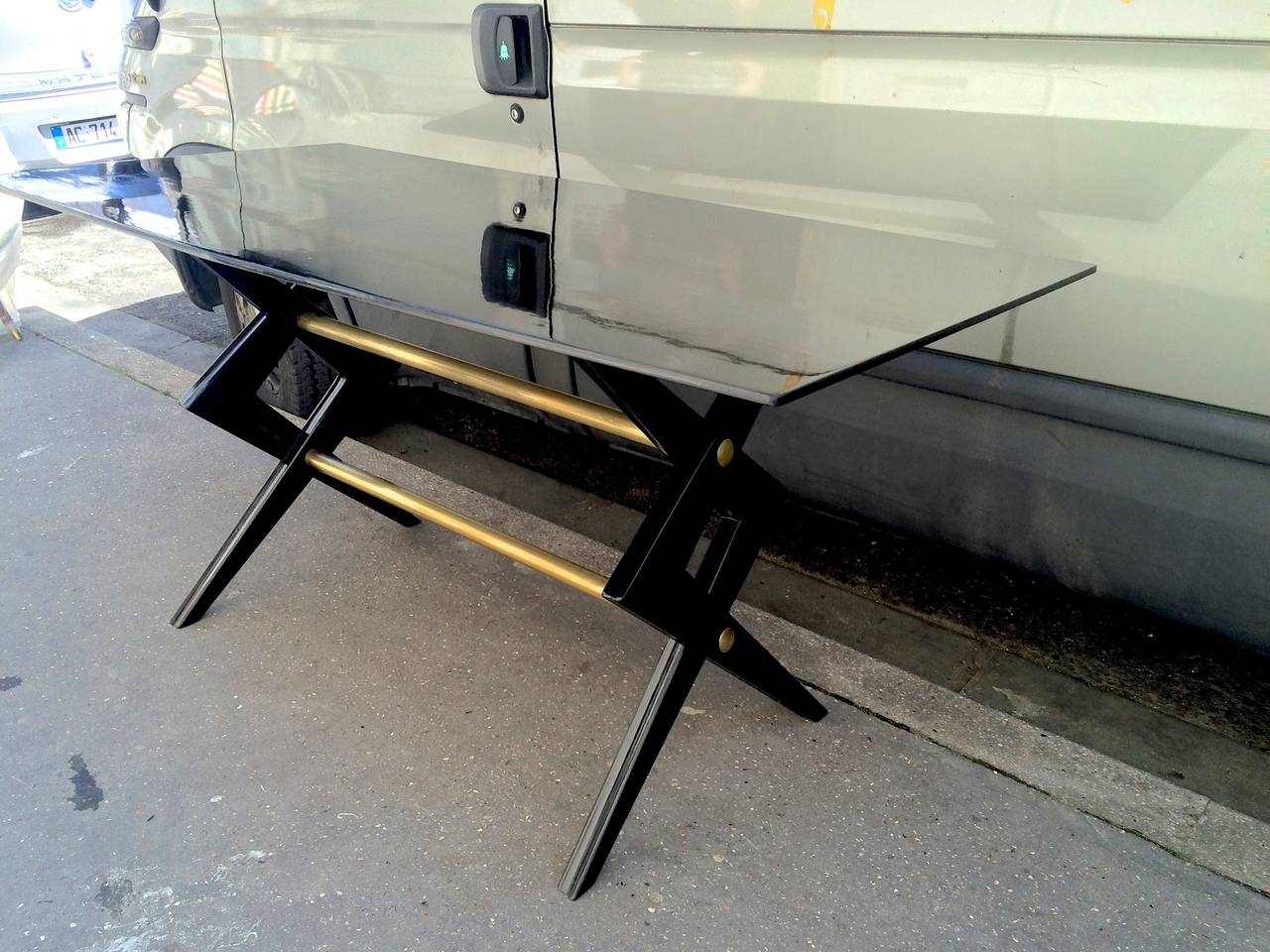 Mid-Century Modern Ico Parisi Attributed Desk with Scissor Style Base in Black Lacquered Wood For Sale