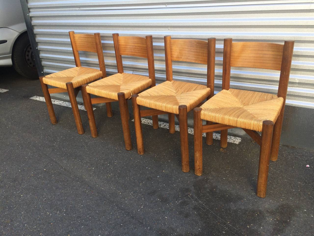 French Charlotte Perriand Pine Round Table and Four Meribel Chairs