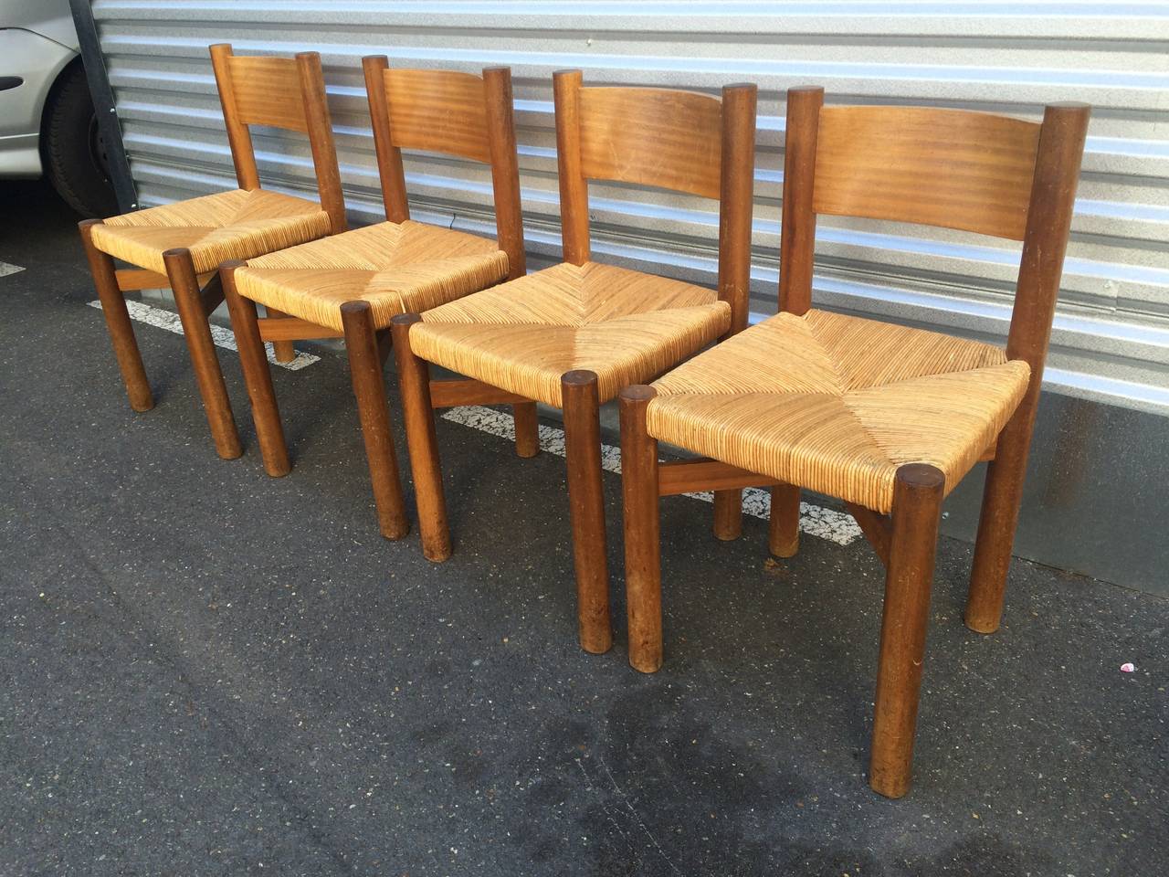 Mid-Century Modern Charlotte Perriand Pine Round Table and Four Meribel Chairs