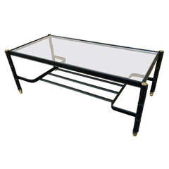 Jacques Adnet 50's Large Black Leather Hand Stitched 2 Tier Coffee Table